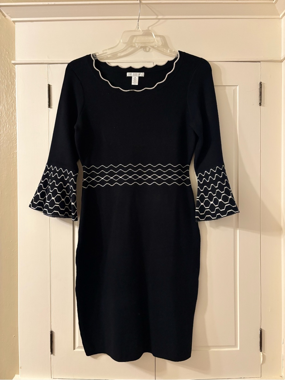 London Times Black Knit Dress with White Scallop Trim and Geometric Stitching